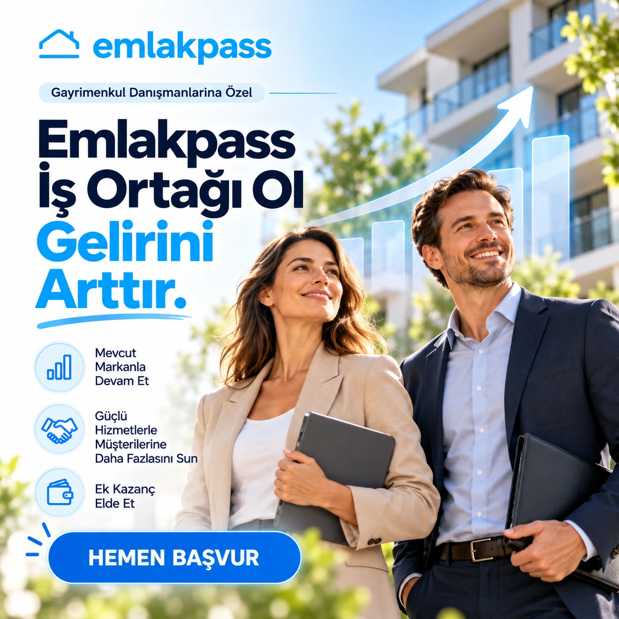 EmlakPass İş Ortağı Ol Gelirini Artır; gayrimenkul danışmanlarına özel iş ortaklığı tanıtım görseli